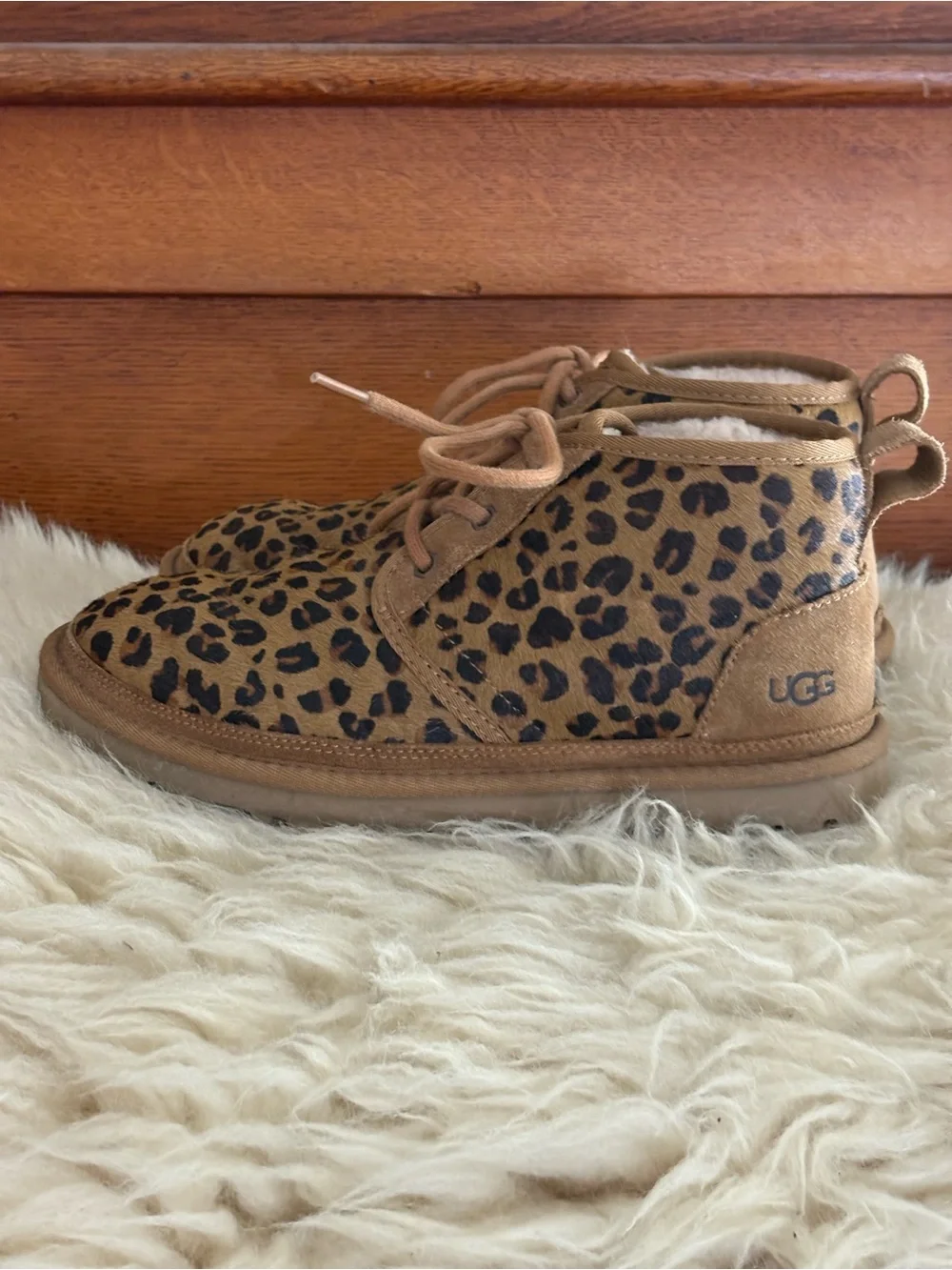 UGG Neumel Leopard Print Chukka Calf Hair Suede Sherpa Lined Ankle Boots
